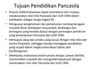 Tujuan Pendidikan Pancasila
• Peserta didik/mahasiswa dapat memahami dan mampu
melaksanakan nilai-nilai Pancasila dan UUD 1945 dalam
kehidupan sebagai warga negara RI.
• Menguasai pengetahuan dan pemahaman tentang beragam
masalah dasar kehidupan masyarakat, berbangsa dan
bernegara yang hendak diatasi dengan penerapan pemikiran
yang berlandaskan Pancasila dan UUD 1945.
• Memupuk sikap dan prilaku yang sesuai dengan nilai-nilai dan
norma Pancasila, sehingga mampu menaggapi perubahan
yang terjadi dalam rangka keteraduan Ipteks dan
pembangunan.
• Membantu mahasiswa dalam proses belajar, proses berfikir,
memecahkan masalah dan mengambil keputusan dengan
menerapkan nilai-nilai Pancasila dan UUD 1945.
 