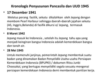 Kronologis Penyusunan Pancasila dan UUD 1945
• 17 Desember 1941
Meletus perang fasitik, sekutu dikalahkan oleh Jepang dengan
membom Pearl Harbour sehingga daerah-daerah jajahan sekutu
(AS, Inggris,Belanda) di fasifik dikursi o/ Jepang, termasuk
Indonesia.
• 8 Maret 1942
Jepang masuk ke Indonesia , setelah itu Jepang tahu apa yang
menjadi keinginan bangsa Indonesia adalah kemerdekaan bangsa
dan tanah air.
• 28 Mei 1945
Untuk memenuhi janjinya, pemerintah Jepang membentuk suatu
badan yang dinamakan Badan Penyelidik Usaha-usaha Persiapan
Kemerdekaan Indonesia (BPUPKI) / dokumen Ritzu Junbi
Choosakai, yang bertugas menyelidiki segala sesuatu mengenai
persiapan kemerdekaan Indonesia demi membentuk panitian kerja.
 