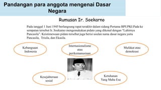 Pandangan para anggota mengenai Dasar
Negara
Rumusan Ir. Soekarno
Kebangsaan
Indonesia
Internasionalisme
atau
perikemanusiaan
Mufakat atau
demokrasi
Kesejahteraan
sosial
Ketuhanan
Yang Maha Esa
Pada tanggal 1 Juni 1945 berlangsung rapat terakhir dalam sidang Pertama BPUPKI.Pada ke
sempatan tersebut Ir. Soekarno mengemukakan pidato yang dikenal dengan “Lahirnya
Pancasila”. Keistimewaan pidato tersebut juga berisi usulan nama dasar negara yaitu
Pancasila, Trisila, dan Ekasila.
 