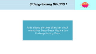 Sidang-Sidang BPUPKI I
Pada sidang pertama dilakukan untuk
membahas Dasar-Dasar Negara dan
Undang-Undang Dasar.
 