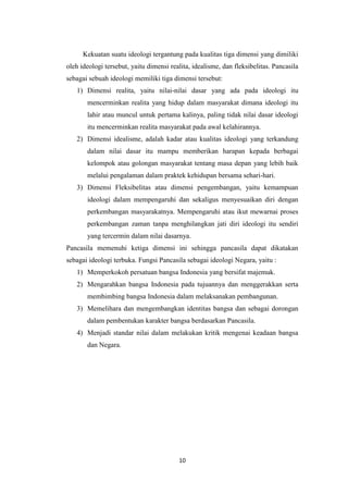 Kekuatan suatu ideologi tergantung pada kualitas tiga dimensi yang dimiliki
oleh ideologi tersebut, yaitu dimensi realita, idealisme, dan fleksibelitas. Pancasila
sebagai sebuah ideologi memiliki tiga dimensi tersebut:
1) Dimensi realita, yaitu nilai-nilai dasar yang ada pada ideologi itu
mencerminkan realita yang hidup dalam masyarakat dimana ideologi itu
lahir atau muncul untuk pertama kalinya, paling tidak nilai dasar ideologi
itu mencerminkan realita masyarakat pada awal kelahirannya.
2) Dimensi idealisme, adalah kadar atau kualitas ideologi yang terkandung
dalam nilai dasar itu mampu memberikan harapan kepada berbagai
kelompok atau golongan masyarakat tentang masa depan yang lebih baik
melalui pengalaman dalam praktek kehidupan bersama sehari-hari.
3) Dimensi Fleksibelitas atau dimensi pengembangan, yaitu kemampuan
ideologi dalam mempengaruhi dan sekaligus menyesuaikan diri dengan
perkembangan masyarakatnya. Mempengaruhi atau ikut mewarnai proses
perkembangan zaman tanpa menghilangkan jati diri ideologi itu sendiri
yang tercermin dalam nilai dasarnya.
Pancasila memenuhi ketiga dimensi ini sehingga pancasila dapat dikatakan
sebagai ideologi terbuka. Fungsi Pancasila sebagai ideologi Negara, yaitu :
1) Memperkokoh persatuan bangsa Indonesia yang bersifat majemuk.
2) Mengarahkan bangsa Indonesia pada tujuannya dan menggerakkan serta
membimbing bangsa Indonesia dalam melaksanakan pembangunan.
3) Memelihara dan mengembangkan identitas bangsa dan sebagai dorongan
dalam pembentukan karakter bangsa berdasarkan Pancasila.
4) Menjadi standar nilai dalam melakukan kritik mengenai keadaan bangsa
dan Negara.

10

 