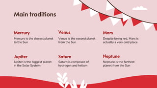 Mercury
Mercury is the closest planet
to the Sun
Venus
Venus is the second planet
from the Sun
Mars
Despite being red, Mar...