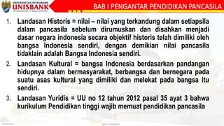 27/09/2023 @DLC-UNISBANK
BAB I PENGANTAR PENDIDIKAN PANCASILA
SILA
1. Landasan Historis = nilai – nilai yang terkandung dalam setiapsila
dalam pancasila sebelum dirumuskan dan disahkan menjadi
dasar negara indonesia secara objektif historis telah dimiliki oleh
bangsa Indonesia sendiri, dengan demikian nilai pancasila
tidaklain adalah Bangsa Indonesia sendiri.
2. Landasan Kultural = bangsa Indonesia berdasarkan pandangan
hidupnya dalam bermasyarakat, berbangsa dan bernegara pada
suatu asas kultural yang dimiliki dan melekat pada bangsa itu
sendiri.
3. Landasan Yuridis = UU no 12 tahun 2012 pasal 35 ayat 3 bahwa
kurikulum Pendidikan tinggi wajib memuat pendidikan pancasila
 