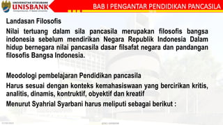 27/09/2023 @DLC-UNISBANK
BAB I PENGANTAR PENDIDIKAN PANCASILA
SILA
Landasan Filosofis
Nilai tertuang dalam sila pancasila merupakan filosofis bangsa
indonesia sebelum mendirikan Negara Republik Indonesia Dalam
hidup bernegara nilai pancasila dasar filsafat negara dan pandangan
filosofis Bangsa Indonesia.
Meodologi pembelajaran Pendidikan pancasila
Harus sesuai dengan konteks kemahasiswaan yang bercirikan kritis,
analitis, dinamis, kontruktif, obyektif dan kreatif
Menurut Syahrial Syarbani harus meliputi sebagai berikut :
 