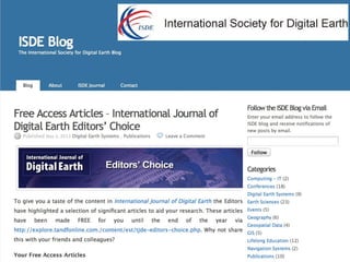 Global Initiative headquartered in China 
Influenced by 1986 Vision of a “Digital Earth” 
proposed by VP Al Gore and modified since. 
International Executive Committee 
Eight major “Digital Earth” international 
symposia held since 1999 
 