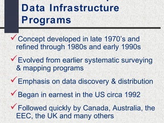 1st-Generation Spatial 
Data Infrastructure 
Programs 
Concept developed in late 1970’s and 
refined through 1980s and early 1990s 
Evolved from earlier systematic surveying 
& mapping programs 
Emphasis on data discovery & distribution 
Began in earnest in the US circa 1992 
Followed quickly by Canada, Australia, the 
EEC, the UK and many others 
 