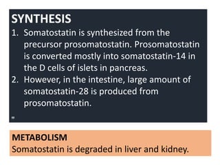 SYNTHESIS
1. Somatostatin is synthesized from the
precursor prosomatostatin. Prosomatostatin
is converted mostly into somatostatin-14 in
the D cells of islets in pancreas.
2. However, in the intestine, large amount of
somatostatin-28 is produced from
prosomatostatin.
„
METABOLISM
Somatostatin is degraded in liver and kidney.
 