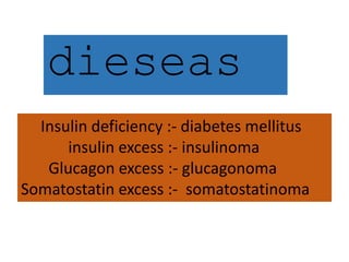 Insulin deficiency :- diabetes mellitus
insulin excess :- insulinoma
Glucagon excess :- glucagonoma
Somatostatin excess :- somatostatinoma
dieseas
 