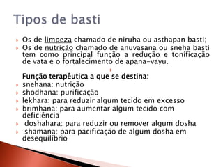    Os de limpeza chamado de niruha ou asthapan basti;
   Os de nutrição chamado de anuvasana ou sneha basti
    tem como principal função a redução e tonificação
    de vata e o fortalecimento de apana-vayu.
                           
    Função terapêutica a que se destina:
   snehana: nutrição
   shodhana: purificação
   lekhara: para reduzir algum tecido em excesso
   brimhana: para aumentar algum tecido com
    deficiência
    doshahara: para reduzir ou remover algum dosha
    shamana: para pacificação de algum dosha em
    desequilíbrio
 