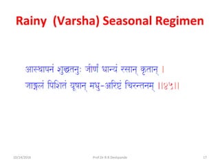 Rainy (Varsha) Seasonal Regimen
10/14/2016 17Prof.Dr.R.R.Deshpande
 
