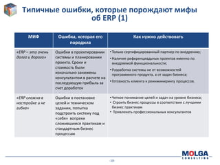 Типичные ошибки, которые порождают мифы
                 об ERP (1)

     МИФ            Ошибка, которая его                      Как нужно действовать
                        породила
«ERP – это очень   Ошибки в проектировании      • Только сертифицированный партнер по внедрению;
долго и дорого»    системы и планировании       • Наличие референциадьных проектов именно по
                   проекта. Сроки и               внедряемой функциональности;
                   стоимость были
                                                • Разработка системы не от возможностей
                   изначально занижены            программного продукта, а от задач бизнеса;
                   консультантом в расчете на
                   последующую прибыль за       • Готовность клиента к реинжинирингу процессов.
                   счет доработок

«ERP сложна в      Ошибки в постановке          • Четкое понимание целей и задач на уровне бизнеса;
настройке и не     целей и техническом          • Строить бизнес процессы в соответствии с лучшими
гибка»             задании, попытка               бизнес практикам
                   подстроить систему под       • Привлекать профессиональных консультантов
                   «себя» вопреки
                   сложившимся практикам и
                   стандартным бизнес
                   процессам




                                                -10-
 