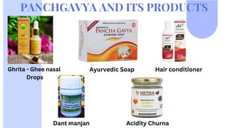 PANCHGAVYA AND ITS PRODUCTS
Ghrita - Ghee nasal
Drops
Ayurvedic Soap Hair conditioner
Dant manjan Acidity Churna
 