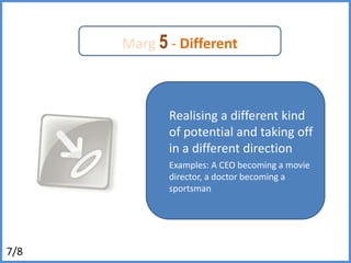 Marg5- DifferentRealisinga different kind of potential and taking off in a different directionExamples: A CEO becoming a movie director, a doctor becoming a sportsman7/8
