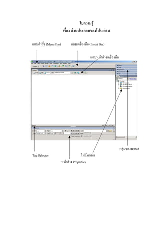 ใบความรู
                         เรื่อง สวนประกอบของโปรแกรม

แถบคําสั่ง (Menu Bar)         แถบเครื่องมือ (Insert Bar)

                                             แถบหนาตางเครื่องมือ




                                                                     กลุมของพาเนล
Tag Selector                          ไฟลพาเนล
                        หนาตาง Properties
 