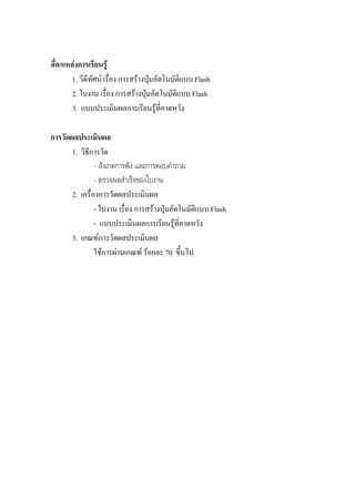 สื่อ/แหลงการเรียนรู
        1. วีดีทัศน เรื่อง การสรางปุมอัตโนมัติแบบ Flash
        2. ใบงาน เรื่อง การสรางปุมอัตโนมัติแบบ Flash
        3. แบบประเมินผลการเรียนรูที่คาดหวัง

การวัดผลประเมินผล
       1. วิธีการวัด
                - สังเกตการฟง และการตอบคําถาม
                - ตรวจผลสําเร็จของใบงาน
       2. เครื่องการวัดผลประเมินผล
                - ใบงาน เรื่อง การสรางปุมอัตโนมัติแบบ Flash
                - แบบประเมินผลการเรียนรูที่คาดหวัง
       3. เกณฑการวัดผลประเมินผล
                ใชการผานเกณฑ รอยละ 70 ขึ้นไป
 