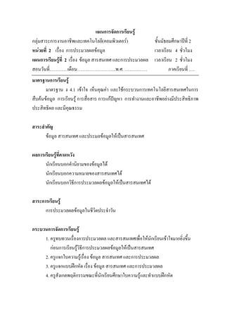 แผนการจัดการเรียนรู
กลุมสาระการงานอาชีพและเทคโนโลยี(คอมพิวเตอร)             ชั้นมัธยมศึกษาปท่ี 2
หนวยที่ 2 เรื่อง การประมวลผลขอมูล                       เวลาเรียน 4 ชั่วโมง
แผนการเรียนรูที่ 2 เรื่อง ขอมูล สารสนเทศ และการประมวลผล เวลาเรียน 2 ชั่วโมง
สอนวันที่…………เดือน……………………..พ.ศ. ……………                            ภาคเรียนที่ ….
มาตรฐานการเรียนรู
       มาตรฐาน ง 4.1 เขาใจ เห็นคุณคา และใชกระบวนการเทคโนโลยีสารสนเทศในการ
สืบคนขอมูล การเรียนรู การสื่อสาร การแกปญหา การทํางานและอาชีพอยางมีประสิทธิภาพ
ประสิทธิผล และมีคุณธรรม

สาระสําคัญ
       ขอมูล สารสนเทศ และประมลขอมูลใหเปนสารสนเทศ

ผลการเรียนรูที่คาดหวัง
      นักเรียนบอกคํานิยามของขอมูลได
      นักเรียนบอกความหมายของสารสนเทศได
      นักเรียนบอกวิธีการประมวลผลขอมูลใหเปนสารสนเทศได

สาระการเรียนรู
      การประมวลผลขอมูลในชีวิตประจําวัน

กระบวนการจัดการเรียนรู
     1. ครูทบทวนเรื่องการประมวลผล และสารสนเทศเพื่อใหนักเรียนเขาใจมากยิ่งขึ้น
        กอนการเรียนรูวิธีการประมวลผลขอมูลใหเปนสารสนเทศ
     2. ครูแจกใบความรูเรื่อง ขอมูล สารสนเทศ และการประมวลผล
     3. ครูแจกแบบฝกหัด เรื่อง ขอมูล สารสนเทศ และการประมวลผล
     4. ครูสังเกตพฤติกรรมขณะที่นักเรียนศึกษาใบความรูและทําแบบฝกหัด
 