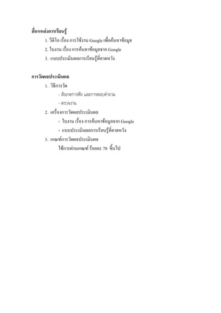 สื่อ/แหลงการเรียนรู
        1. วีดีโอ เรื่อง การใชงาน Google เพื่อคนหาขอมูล
        2. ใบงาน เรื่อง การคนหาขอมูลจาก Google
        3. แบบประเมินผลการเรียนรูที่คาดหวัง

การวัดผลประเมินผล
       1. วิธีการวัด
                - สังเกตการฟง และการตอบคําถาม
                - ตรวจงาน
       2. เครื่องการวัดผลประเมินผล
                - ใบงาน เรื่อง การคนหาขอมูลจาก Google
                - แบบประเมินผลการเรียนรูที่คาดหวัง
       3. เกณฑการวัดผลประเมินผล
                ใชการผานเกณฑ รอยละ 70 ขึ้นไป
 
