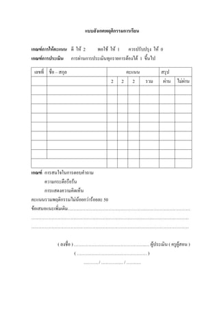 แบบสังเกตพฤติกรรมการเรียน

เกณฑการใหคะแนน ดี ให 2   พอใช ให 1 ควรปรับปรุง ให 0
เกณฑการประเมิน การผานการประเมินทุกรายการตองได 1 ขึ้นไป

 เลขที่ ชื่อ – สกุล                      คะแนน           สรุป
                                    2   2 2    รวม        ผาน ไมผาน




เกณฑ การสนใจในการตอบคําถาม
      ความกระตือรือรน
      การแสดงความคิดเห็น
คะแนนรวมพฤติกรรมไมนอยกวารอยละ 50
ขอเสนอแนะเพิ่มเติม…………………………………………………………………………
………………………………………………………………………………………………
………………………………………………………………………………………………

             ( ลงชื่อ ) ………………………………………….… ผูประเมิน ( ครูผูสอน )
                        ( ………………………………………… )
                            ………. / …………… / ……….
 