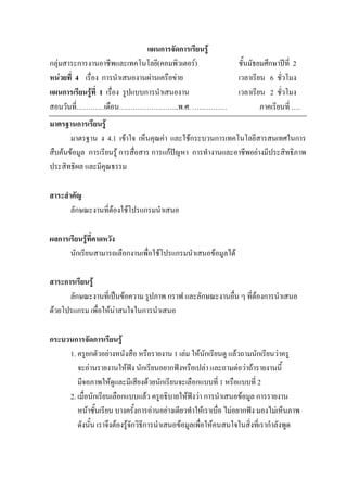 แผนการจัดการเรียนรู
กลุมสาระการงานอาชีพและเทคโนโลยี(คอมพิวเตอร)                    ชั้นมัธยมศึกษาปท่ี 2
หนวยที่ 4 เรื่อง การนําเสนองานผานเครือขาย                     เวลาเรียน 6 ชั่วโมง
แผนการเรียนรูที่ 1 เรื่อง รูปแบบการนําเสนองาน                   เวลาเรียน 2 ชั่วโมง
สอนวันที่…………เดือน……………………..พ.ศ. ……………                                   ภาคเรียนที่ ….
มาตรฐานการเรียนรู
       มาตรฐาน ง 4.1 เขาใจ เห็นคุณคา และใชกระบวนการเทคโนโลยีสารสนเทศในการ
สืบคนขอมูล การเรียนรู การสื่อสาร การแกปญหา การทํางานและอาชีพอยางมีประสิทธิภาพ
ประสิทธิผล และมีคุณธรรม

สาระสําคัญ
       ลักษณะงานที่ตองใชโปรแกรมนําเสนอ

ผลการเรียนรูที่คาดหวัง
      นักเรียนสามารถเลือกงานเพื่อใชโปรแกรมนําเสนอขอมูลได

สาระการเรียนรู
      ลักษณะงานที่เปนขอความ รูปภาพ กราฟ และลักษณะงานอื่น ๆ ที่ตองการนําเสนอ
                                                                 
ดวยโปรแกรม เพื่อใหนาสนใจในการนําเสนอ

กระบวนการจัดการเรียนรู
     1. ครูยกตัวอยางหนังสือ หรือรายงาน 1 เลม ใหนักเรียนดู แลวถามนักเรียนวาครู
        จะอานรายงานใหฟง นักเรียนอยากฟงหรือเปลา และถามตอวาถารายงานนี้
        มีจอภาพใหดูและมีเสียงดวยนักเรียนจะเลือกแบบที่ 1 หรือแบบที่ 2
     2. เมื่อนักเรียนเลือกแบบแลว ครูอธิบายใหฟงวา การนําเสนอขอมูล การรายงาน
        หนาชั้นเรียน บางครั้งการอานอยางเดียวทําใหเราเบื่อ ไมอยากฟง มองไมเห็นภาพ
        ดังนั้น เราจึงตองรูจักวิธีการนําเสนอขอมูลเพื่อใหคนสนใจในสิ่งที่เรากําลังพูด
 