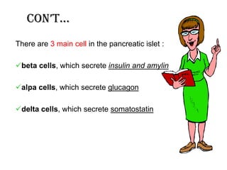 Con’t…
There are 3 main cell in the pancreatic islet :

beta cells, which secrete insulin and amylin

alpa cells, which secrete glucagon

delta cells, which secrete somatostatin
 