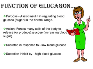 FunCtion oF GLuCaGon…
Purpose:- Assist insulin in regulating blood
glucose (sugar) in the normal range.

Action: Forces many cells of the body to
release (or produce) glucose (increasing blood
sugar).

Secreted in response to - low blood glucose

Secretion inhibit by - high blood glucose
 
