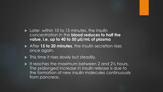  Later, within 10 to 15 minutes, the insulin
concentration in the blood reduces to half the
value, i.e. up to 40 to 50 μU/mL of plasma
 After 15 to 20 minutes, the insulin secretion rises
once again.
 This time it rises slowly but steadily.
 It reaches the maximum between 2 and 2½ hours.
The prolonged increase in insulin release is due to
the formation of new insulin molecules continuously
from pancreas.
 