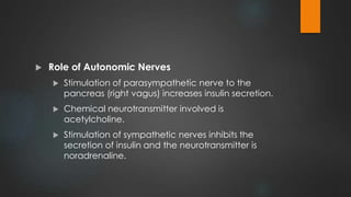  Role of Autonomic Nerves
 Stimulation of parasympathetic nerve to the
pancreas (right vagus) increases insulin secretion.
 Chemical neurotransmitter involved is
acetylcholine.
 Stimulation of sympathetic nerves inhibits the
secretion of insulin and the neurotransmitter is
noradrenaline.
 