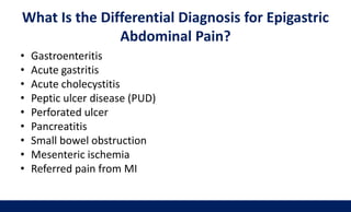 What Is the Differential Diagnosis for Epigastric
Abdominal Pain?
• Gastroenteritis
• Acute gastritis
• Acute cholecystitis
• Peptic ulcer disease (PUD)
• Perforated ulcer
• Pancreatitis
• Small bowel obstruction
• Mesenteric ischemia
• Referred pain from MI
 