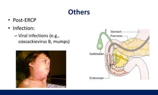 Others
• Post-ERCP
• Infection:
– Viral infections (e.g.,
coxsackievirus B, mumps)
 
