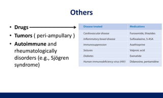 Others
• Drugs
• Tumors ( peri-ampullary )
• Autoimmune and
rheumatologically
disorders (e.g., Sjögren
syndrome)
 