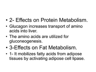 • 2- Effects on Protein Metabolism.
• Glucagon increases transport of amino
acids into liver.
• The amino acids are utilized for
gluconeogenesis.
• 3-Effects on Fat Metabolism.
• 1- It mobilizes fatty acids from adipose
tissues by activating adipose cell lipase.
 