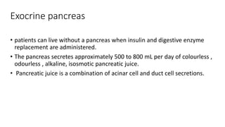 Exocrine pancreas
• patients can live without a pancreas when insulin and digestive enzyme
replacement are administered.
• The pancreas secretes approximately 500 to 800 mL per day of colourless ,
odourless , alkaline, isosmotic pancreatic juice.
• Pancreatic juice is a combination of acinar cell and duct cell secretions.
 