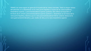 VENAS. Las venas siguen en general el trayecto de las ramas arteriales. Toda la sangre venosa
del páncreas va a desembocar en la vena porta hepática a través de las venas esplénica,
mesentérica superior y pancreatoduodenal superior posterior. Esta última corresponde al
territorio de la arteria pancreatoduodenal superior posterior y desemboca en el tronco de la
vena porta hepática, mientras que la vena pancreatoduodenal inferior anterior drena en la
vena gastroomental derecha y, por medio de ésta, en la vena mesentérica superior
 