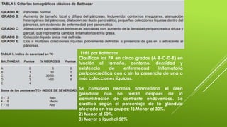 1985 por Balthazar
Clasifican las PA en cinco grados (A-B-C-D-E) en
función al tamaño, contorno, densidad y
existencia de enfermedad inflamatoria
peripancreática con o sin la presencia de una o
más colecciones líquidas.
Se considera necrosis pancreática el área
glándular que no realza después de la
administración de contraste endovenoso. Se
clasificó según el porcentaje de la glándula
afectada en tres grupos: 1) Menor al 30%.
2) Menor al 50%.
3) Mayor o igual al 50%
 