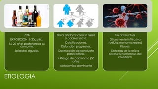 ETIOLOGIA
70%
EXPOSICION 1-20g /día.
16-20 años posteriores a su
consumo.
Episodios agudos.
Dolor abdominal en la niñez
o adolescencia.
Calcificaciones.
Disfunción progresiva.
Obstrucción del conducto
pancreático.
> Riesgo de carcinoma (50
años)
Autosomico dominante
No obstructiva
Difusamente infiltrativa
(células mononucleares)
Fibrosis
Síntomas de ictericia
obstructiva estenosis del
coledoco
 