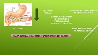 10% DE LO
NORMAL
DIARREA Y ESTEATORREA
(DE MAL OLOR Y
VOLOUMINOSA)
DE ASPECTO GRASOSO
BUEN APETITO A PESAR DE
LA PERDIDIO DE PESO
EXOCRINO
TRIADA CLASICA: ESTEATORREA + CALCIFICACIONES+ DM (30%)
PRIMER SIGNO FUNCIONAL DE
LA INS PANCREATICA
 