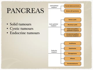 • Solid tumours
• Cystic tumours
• Endocrine tumours
 