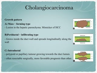 Growth pattern
A) Mass‐forming type
- Lesion in the hepatic parenchyma. Mimicker of HCC
B)Periductal‐infiltrating type
- Grows inside the duct wall and spreads longitudinally along the
wall
C) Intraductal
- polypoid or papillary tumour growing towards the duct lumen.
- often resectable surgically, more favorable prognosis than other.
 
