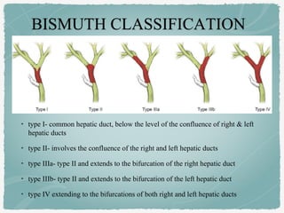 • type I- common hepatic duct, below the level of the confluence of right & left
hepatic ducts
• type II- involves the confluence of the right and left hepatic ducts
• type IIIa- type II and extends to the bifurcation of the right hepatic duct
• type IIIb- type II and extends to the bifurcation of the left hepatic duct
• type IV extending to the bifurcations of both right and left hepatic ducts
 