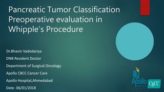Pancreatic Tumor Classification
Preoperative evaluation in
Whipple’s Procedure
Dr.Bhavin Vadodariya
DNB Resident Doctor
Department of Surgical Oncology
Apollo CBCC Cancer Care
Apollo Hospital,Ahmedabad
Date- 06/01/2018
 