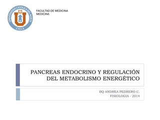 PANCREAS ENDOCRINO Y REGULACIÓN
DEL METABOLISMO ENERGÉTICO
BQ ANDREA PEDRERO C.
FISIOLOGIA - 2014
FACULTAD DE MEDICINA
MEDICINA
 