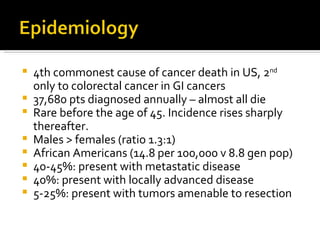 Epidemiology4th commonest cause of cancer death in US, 2nd only to colorectal cancer in GI cancers37,680 pts diagnosed annually – almost all die Rare before the age of 45. Incidence rises sharply thereafter.Males > females (ratio 1.3:1)African Americans (14.8 per 100,000 v 8.8 gen pop)40-45%: present with metastatic disease40%: present with locally advanced disease5-25%: present with tumors amenable to resection