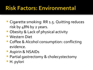 Risk Factors: EnvironmentalCigarette smoking: RR 1.5. Quitting reduces risk by 48% by 2 years.Obesity & Lack of physical activityWestern DietCoffee & Alcohol consumption: conflicting evidence.Aspirin & NSAIDsPartial gastrectomy & cholecystectomyH. pylori