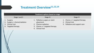 Treatment Overview11,12,14
Treatment options based on stage
Stage I and II Stage III Stage IV
1. Surgery
2. Surgery + chemo/radiation
3. Clinical trial
4. Targeted therapy
1. Palliative surgery or stent
placement
2. Chemo+radiation
3. Chemo +/- targeted therapy
4. Clinical trial
1. Chemo +/- targeted therapy
2. Clinical trial
3. Palliative and support care
 