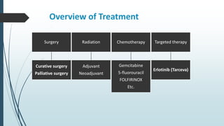 Overview of Treatment
Surgery
Curative surgery
Palliative surgery
Radiation
Adjuvant
Neoadjuvant
Targeted therapy
Erlotinib (Tarceva)
Chemotherapy
Gemcitabine
5-fluorouracil
FOLFIRINOX
Etc.
 