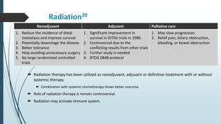 Radiation20
 Radiation therapy has been utilized as neoadjuvant, adjuvant or definitive treatment with or without
systemic therapy.
 Combination with systemic chemotherapy shows better outcome.
 Role of radiation therapy is remain controversial.
 Radiation may activate immune system.
Neoadjuvant Adjuvant Palliative care
1. Reduce the incidence of distal
metastasis and improve survival
2. Potentially downstage the disease
3. Better tolerance
4. Help avoiding unnecessary surgery
5. No large randomized controlled
trials
1. Significant improvement in
survival in GITSG trials in 1980.
2. Controversial due to the
conflicting results from other trials
3. Further study is needed
4. RTOG 0848 protocol
1. May slow progression.
2. Relief pain, biliary obstruction,
bleeding, or bowel obstruction
 