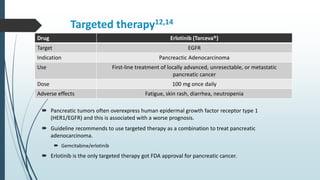 Targeted therapy12,14
 Pancreatic tumors often overexpress human epidermal growth factor receptor type 1
(HER1/EGFR) and this is associated with a worse prognosis.
 Guideline recommends to use targeted therapy as a combination to treat pancreatic
adenocarcinoma.
 Gemcitabine/erlotinib
 Erlotinib is the only targeted therapy got FDA approval for pancreatic cancer.
Drug Erlotinib (Tarceva®)
Target EGFR
Indication Pancreactic Adenocarcinoma
Use First-line treatment of locally advanced, unresectable, or metastatic
pancreatic cancer
Dose 100 mg once daily
Adverse effects Fatigue, skin rash, diarrhea, neutropenia
 