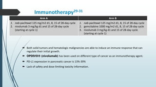Immunotherapy29-31
 Both solid tumors and hematologic malignancies are able to induce an immune response that can
regulate their initial growth.
 OPDIVO® (nivolumab) has been used on different type of cancer as an immunotherapy agent.
 PD-L1 expression in pancreatic cancer is 13%-39%
 Lack of safety and dose-limiting toxicity information.
Arm A Arm B
1. nab-paclitaxel 125 mg/m2 d1, 8, 15 of 28-day cycle
2. nivolumab 3 mg/kg d1 and 15 of 28-day cycle
(starting at cycle 1)
1. nab-paclitaxel 125 mg/m2 d1, 8, 15 of 28-day cycle
2. gemcitabine 1000 mg/m2 d1, 8, 15 of 28-day cycle
3. nivolumab 3 mg/kg d1 and 15 of 28-day cycle
(starting at cycle 1)
 