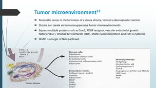 Tumor microenvironment27
 Pancreatic cancer is the formation of a dense stroma, termed a desmoplastic reaction
 Stroma can create an immunosuppressive tumor microenvironments.
 Express multiple proteins such as Cox-2, PDGF receptor, vascular endothelial growth
factors (VEGF), stromal derived factor (SDF), SPaRC (secreted protein-acid rich in cysteine).
 SPaRC is a target of Nab-paclitaxel.
 