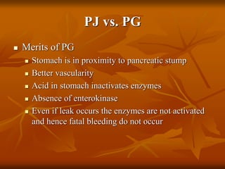 PJ vs. PG
 Merits of PG
 Stomach is in proximity to pancreatic stump
 Better vascularity
 Acid in stomach inactivates enzymes
 Absence of enterokinase
 Even if leak occurs the enzymes are not activated
and hence fatal bleeding do not occur
 